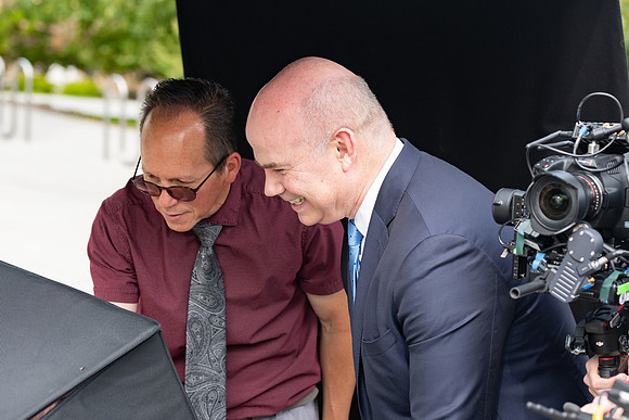 President and Sister Meredith during a video shoot.