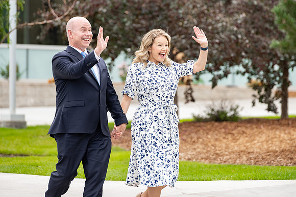 President and Sister Meredith during a video shoot.