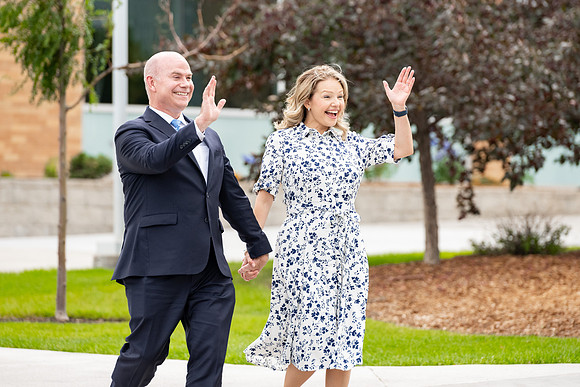President and Sister Meredith during a video shoot.
