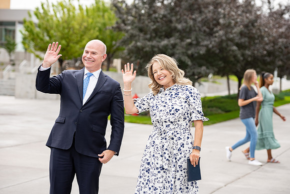 President and Sister Meredith during a video shoot.
