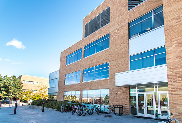The west side of the Manwaring Center on a beautiful sunny day.
