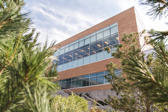 The Manwaring Center peeks through the trees.