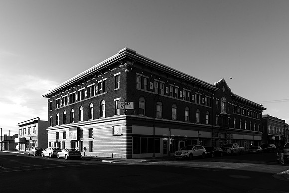 A shot of the buildings and streets downtown Rexurg.