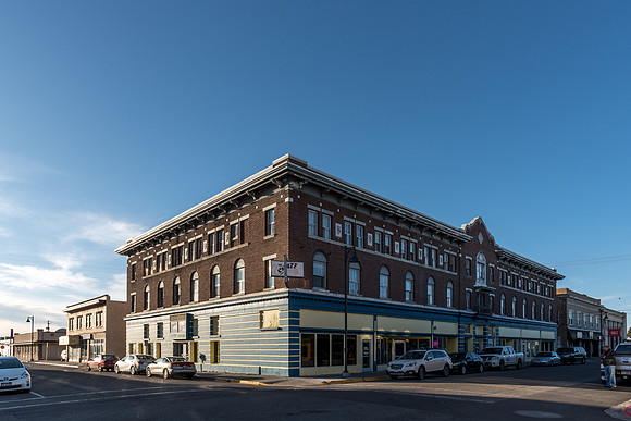 A shot of the buildings and streets downtown Rexurg.