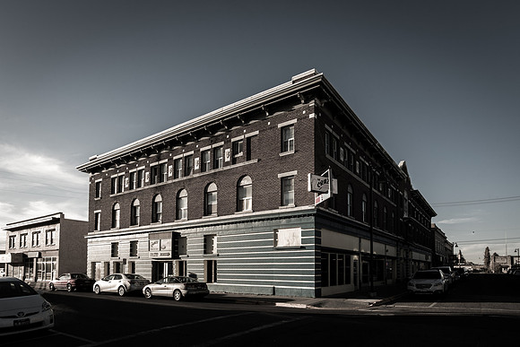A shot of the buildings and streets downtown Rexurg.