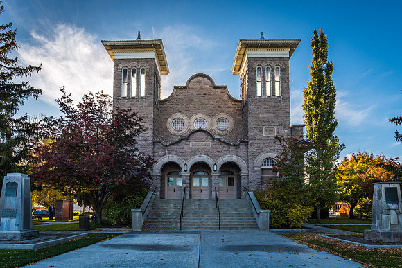 A shot of the Rexburg Tabernacle with the Fall colors.