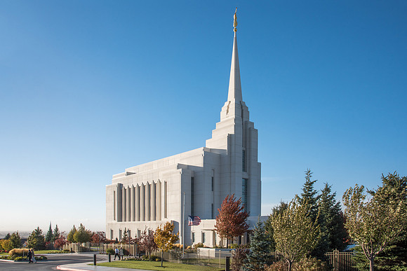 The Rexburg Temple stands on the hill above town.