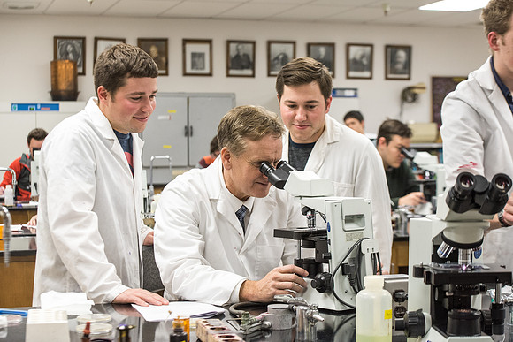Students work in Brother Griffith's Microbiology Lab.