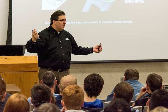 SK Tools representative Rob Conrad speaks to Automotive and Engineering students in the Austin Builiding.