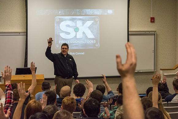 SK Tools representative Rob Conrad speaks to Automotive and Enigineering students in the Austin Builiding.