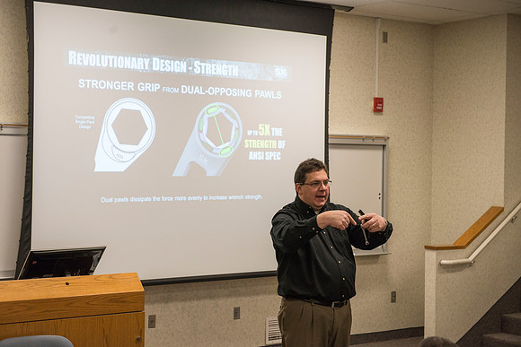 SK Tools representative Rob Conrad speaks to Automotive and Engineering students in the Austin Builiding.