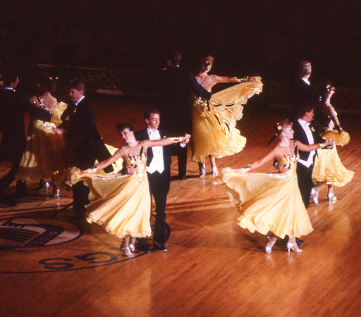 Ballroom dancers performing in gym, Mar 1989