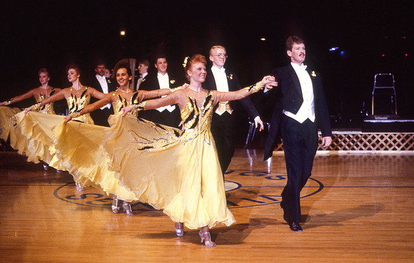 Ballroom dancers performing in gym, Mar 1989