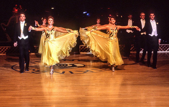 Ballroom dancers performing in gym, Mar 1989
