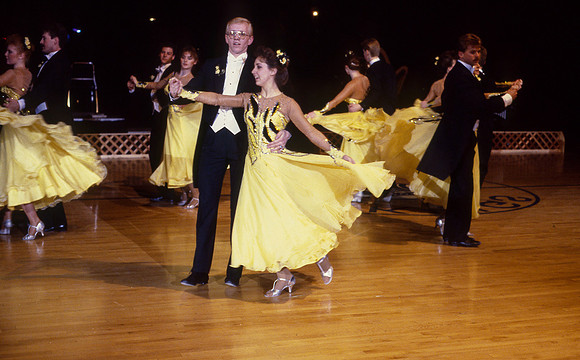 Ballroom dancers performing in gym, Mar 1989
