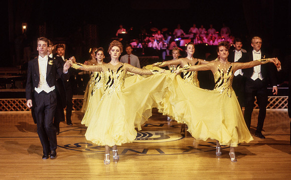 Ballroom dancers performing in gym, Mar 1989