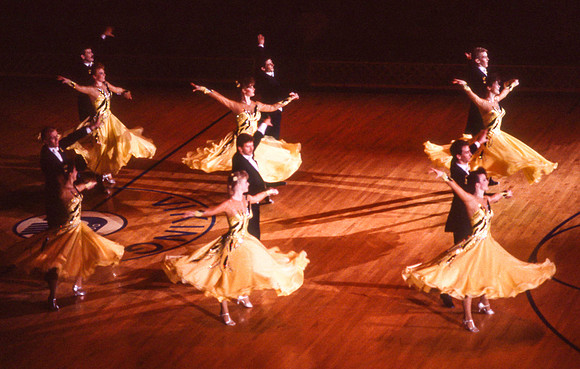 Ballroom dancers performing in gym, Mar 1989