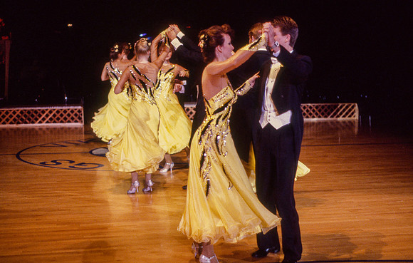 Ballroom dancers performing in gym, Mar 1989