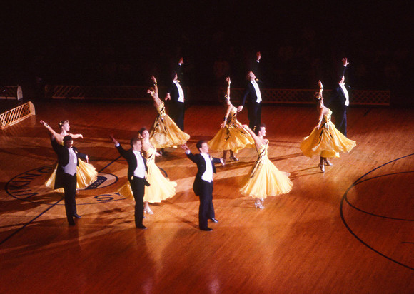 Ballroom dancers performing in gym, Mar 1989