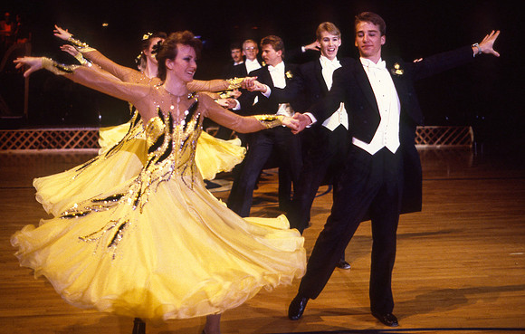 Ballroom dancers performing in gym, Mar 1989