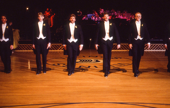 Ballroom dancers performing in gym, Mar 1989