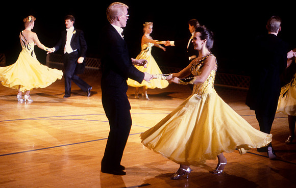 Ballroom dancers performing in gym, Mar 1989