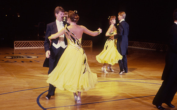 Ballroom dancers performing in gym, Mar 1989
