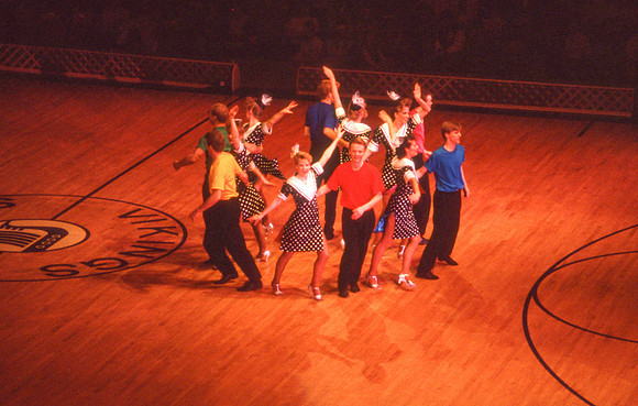 Ballroom dancers performing in gym, Mar 1989