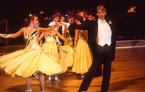 Ballroom dancers performing in gym, Mar 1989
