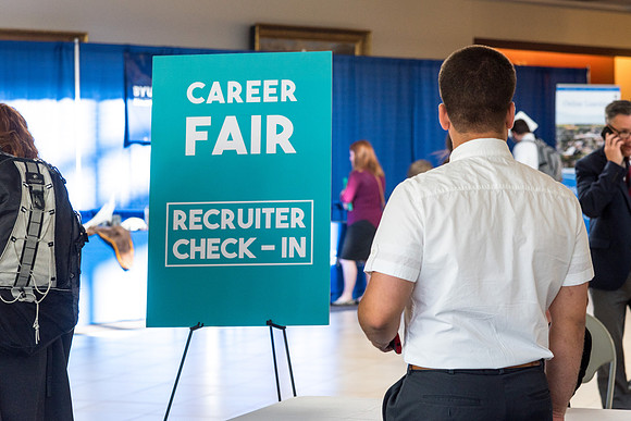 Students gather in the I-Center for the Career Fair. 2017