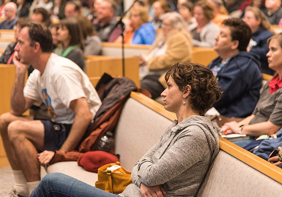 Parents of upcoming college students participate in a Conference session in the Taylor Chapel.