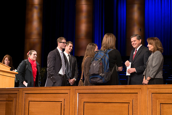 David L. Beck greets students after devotional in the BYU-Idaho Center.