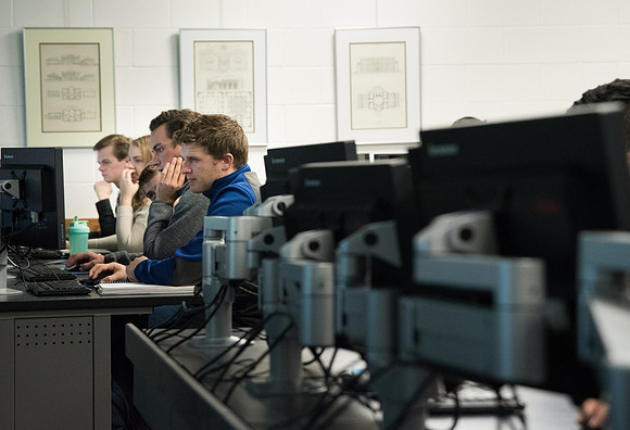 BYU-Idaho Design and Construction Management students taking the class "Building Info Modeling" in the Austin Building. Fall Semester. Nov 2017