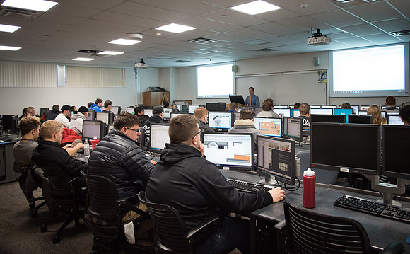 BYU-Idaho Design and Construction Management students taking the class "Building Info Modeling" in the Austin Building. Fall Semester. Nov 2017