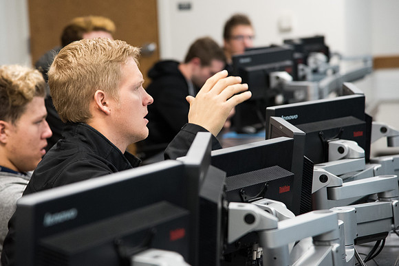 BYU-Idaho Design and Construction Management students taking the class "Building Info Modeling" in the Austin Building. Fall Semester. Nov 2017