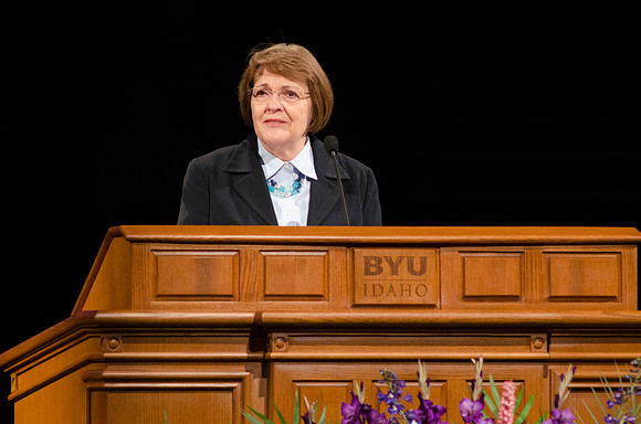 Sister Clark speaks to students at first devotional Fall 2014