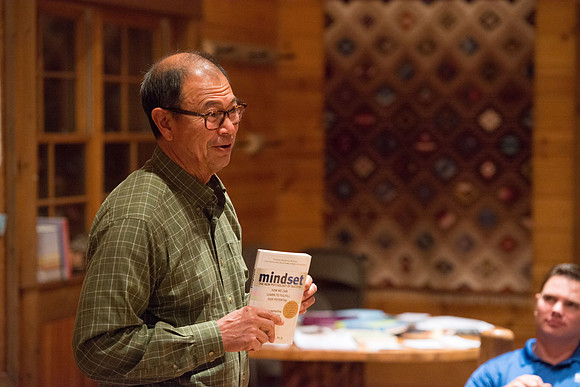 Retreat for teachers at the Sky Mountain Lodge in Victor, Idaho. Participants share a favorite book.