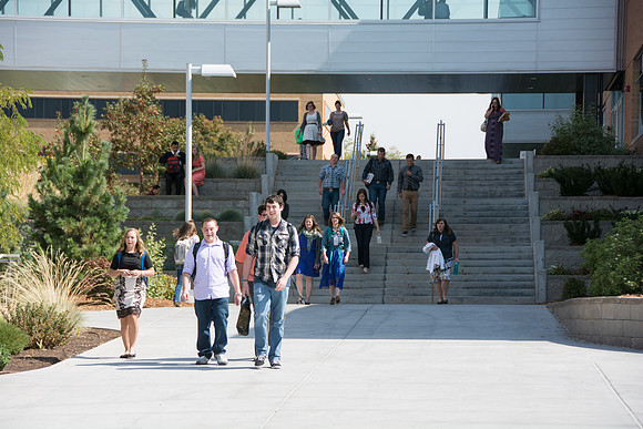 Students gather to listen to President and Sister Clark talk in the i-Center for the first devotional of the semester.