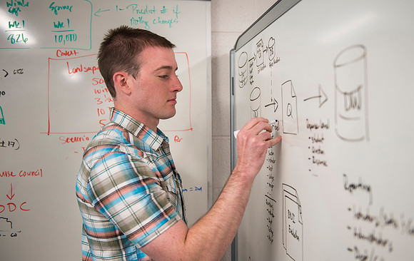 White boards are used to help map out solutions and improvements.