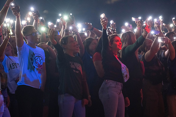 Students gather on campus to celebrate First Friday events.
