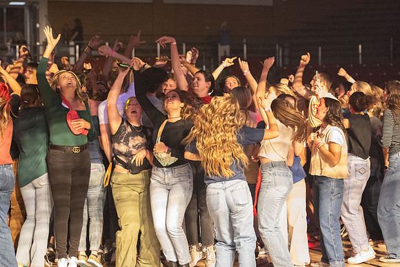 Students gather on campus to celebrate First Friday events.