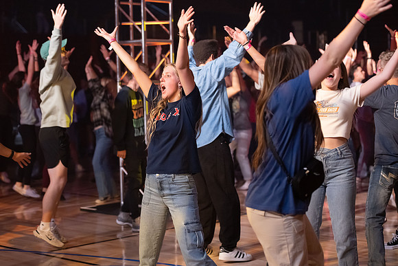 Students gather on campus to celebrate First Friday events.