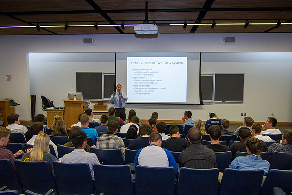 Brother Hyrum Lewis teaches American Foundations during the 2014 Spring Semester.