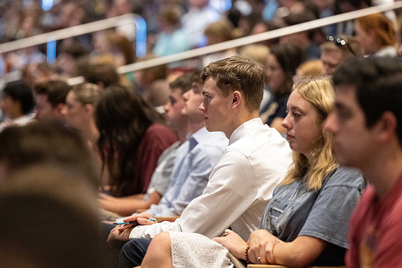 Students gather in the BYU-Idaho Center for devotional with Elder Jaun Pablo Villar, General Authority Seventy.