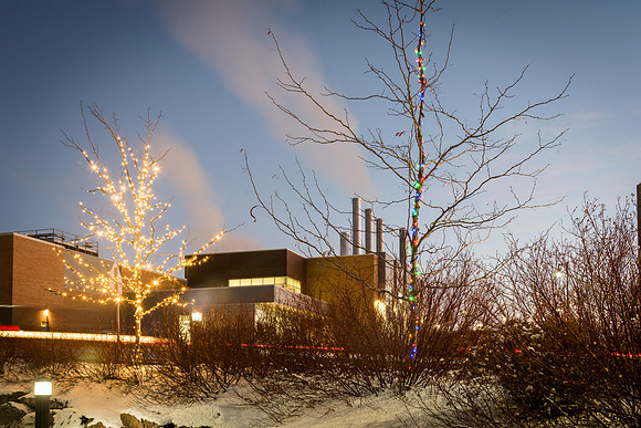 Christmas lights brighten up campus and bring in the Holiday Season. The Central Energy Facility is seen in the background. 2017