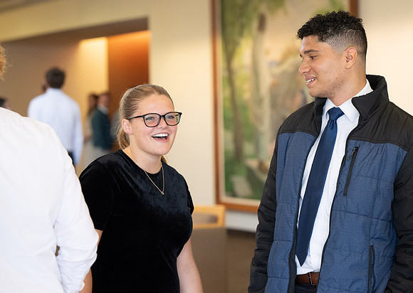 Students in Sunday dress after devotional in the BYU-Idaho Center.