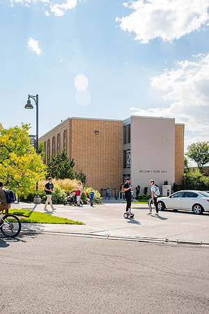 Students going to and from classes on BYU-Idaho campus.