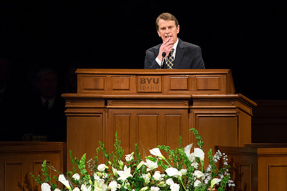 Randall L. Ridd, Second Counselor of the Young Men General Presidency, addresses young adults at the Worldwide Devotional held in the BYU-Idaho Center on Sunday, 11 January, 2015. Photo by Ryan Chase
