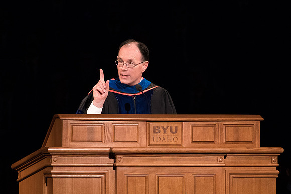 BYU-Idaho Graduation. Fall Semester. Bishop W. Christopher Wadell addressing the graduates. Dec 2017