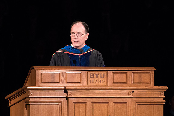 BYU-Idaho Graduation. Fall Semester. Bishop W. Christopher Wadell addressing the graduates. Dec 2017
